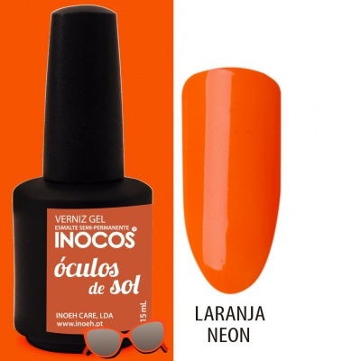 Verniz gel INOCOS cor óculos de sol com amostra laranja neon