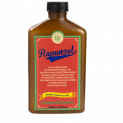 Frasco castanho com rótulo vermelho e verde do produto Rapunzel da LOLÃ para cabelo