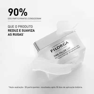 Creme anti-rugas FILORGA TIME-FILLER 5XP com creme ao redor do frasco e texto sobre eficácia do produto