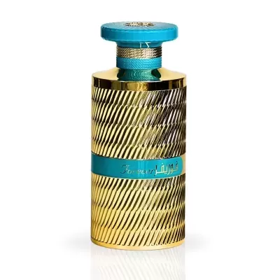 Frasco de perfume dourado com tampa azul e texto Forever