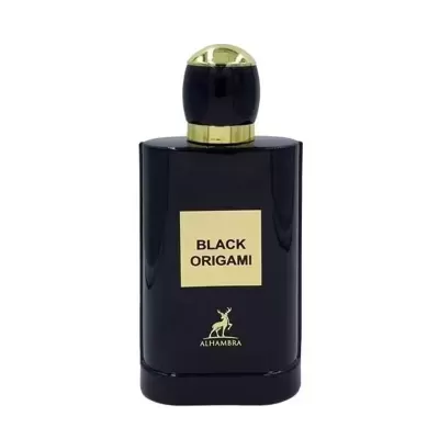 Frasco de perfume preto com etiqueta dourada Black Origami