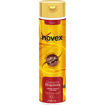 Frasco de shampoo Novex Queratina Brasileira amarelo e dourado