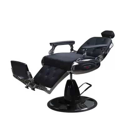 Cadeira de barbeiro preta com estrutura cromada e base redonda preta