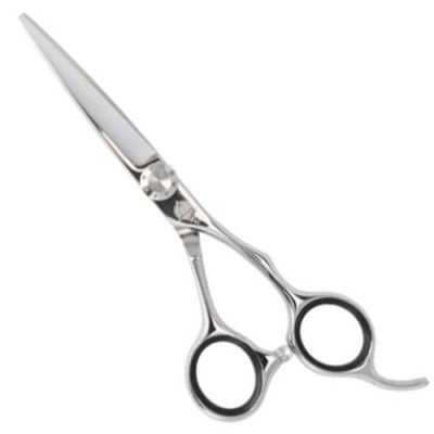 Tesoura de cabelo metálica prateada com alças pretas