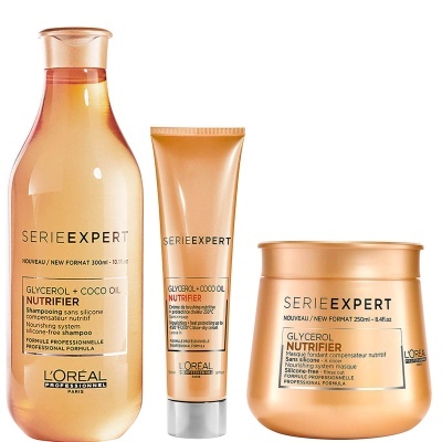 Três produtos L'Oréal Serie Expert Glycerol + Coco Oil Nutrifier em embalagens douradas