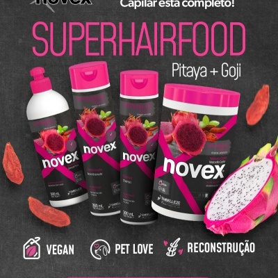 Produtos capilares Novex Pitaya + Goji em embalagem preta e rosa com frutas e texto promocional