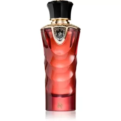 Frasco de perfume vermelho com tampa preta e detalhes dourados