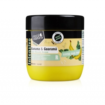 Pote amarelo e preto de creme intensivo Real Natura Banana & Guaraná com rótulo e imagens de banana