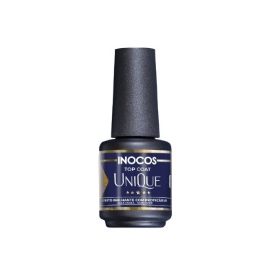 Frasco de verniz INOCOS Top Coat UNIQUE azul escuro com tampa preta