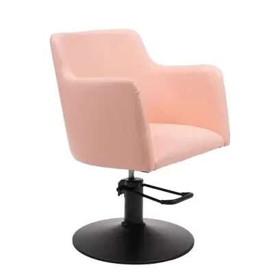 Cadeira de salão rosa com base preta redonda e apoio para os pés