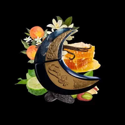 Frasco de perfume em forma de lua crescente azul e dourado com elementos naturais ao fundo