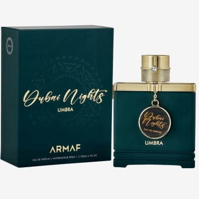 Frasco e caixa de perfume Armaf Dubai Nights Umbra verde e dourado
