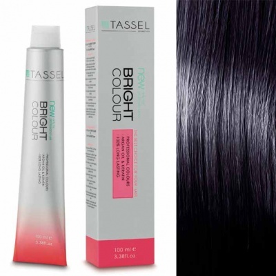 Produto coloração capilar Bright Colour da TASSEL com tubo e caixa, e cabelo escuro brilhante