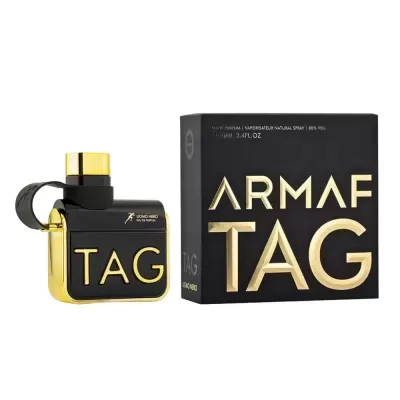 Perfume Armaf TAG frasco preto e dourado com caixa preta e letras douradas