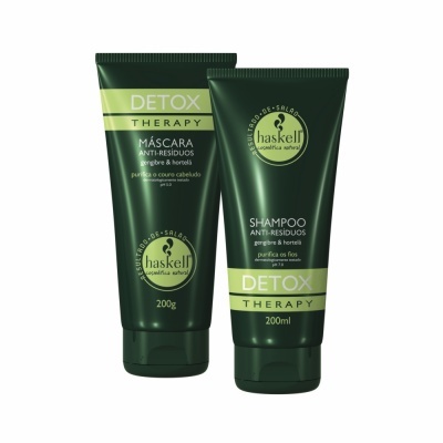 Produtos cosméticos capilares Haskell Detox Therapy, máscara 200g e shampoo 200ml em tubos verdes com detalhes verde claro