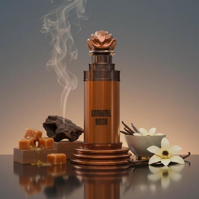 Frasco metálico castanho com tampa decorativa e texto CARAMEL BASH, cubos de caramelo, carvão, flores e baunilha