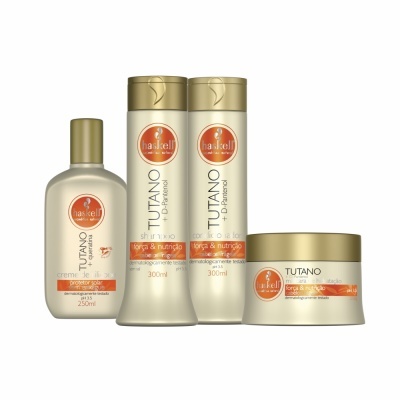 Conjunto de produtos para cabelo Haskell Tutano em embalagens brancas com detalhes dourados e rótulos laranja.
