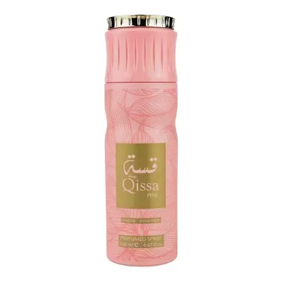 Frasco rosa de spray perfumado Qissa PINK com tampa dourada