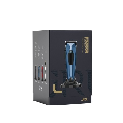 Máquina de cortar cabelo JRL Fade Blade 3000C azul na caixa preta com texto dourado