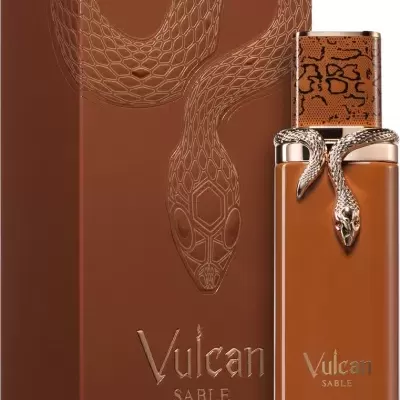Frasco de perfume castanho Vulcan Sable com cobra prateada e caixa castanha com cobra em relevo