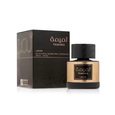 Frasco de perfume Tamima Lattafa em dourado e preto com caixa preta ao lado