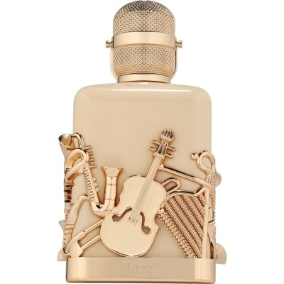 Frasco de perfume creme com instrumentos musicais dourados e tampa em forma de microfone.