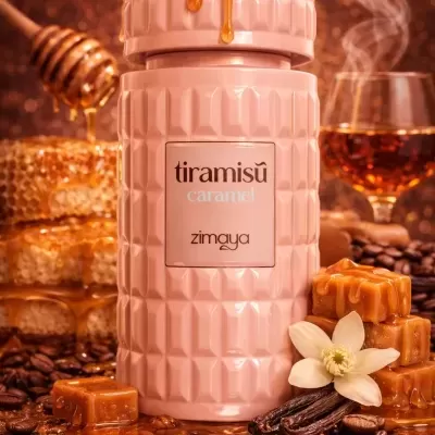 Frasco rosa texturizado tiramisú caramel zimaya com decoração de caramelo, baunilha e café