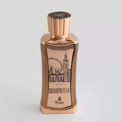 Frasco dourado de perfume com ilustração da Londres e texto Cosmopolitan