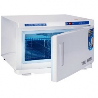 Aquecedor elétrico de toalhas branco com porta aberta e indicador luminoso