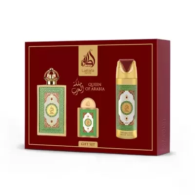 Conjunto de presente de perfume Lattafa Pride Queen of Arabia com três frascos em caixa vermelha.
