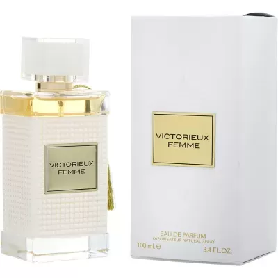 Frasco e embalagem de perfume VICTORIEUX FEMME branco e dourado