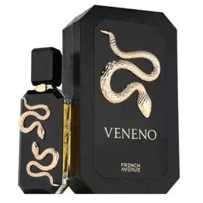 Frasco de perfume preto com serpentes douradas e caixa preta com serpente e texto