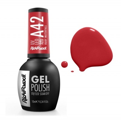 Esmalte em gel vermelho Rickiparodi A42 RUBY WATERFALL com frasco preto e tampa vermelha.