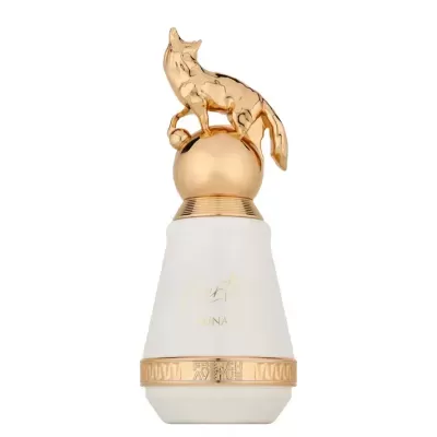 Frasco de perfume branco com tampa dourada e escultura de raposa dourada