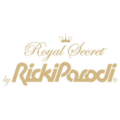 Logotipo Royal Secret by RickiParodi com texto dourado e coroa no fundo preto