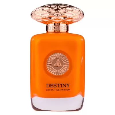 Frasco de perfume laranja com tampa dourada decorativa e texto Destiny Extrait De Parfum.