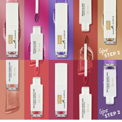 Seis batons líquidos MAKE IT SIMPLE em várias cores com embalagem branca e transparente