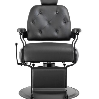 Cadeira de barbearia preta em couro com almofada de cabeça