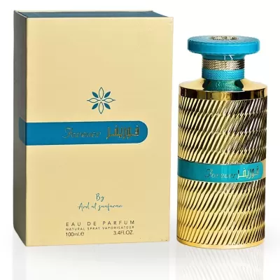 Frasco dourado ondulado e caixa creme com detalhes azuis de perfume Forever