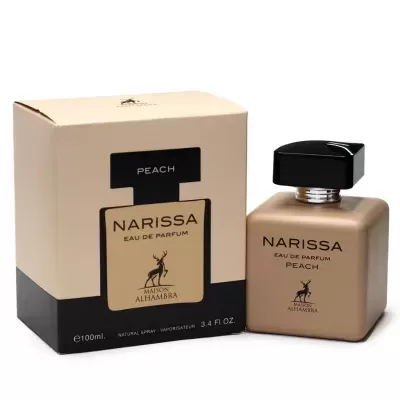 Frasco bege quadrado de perfume Narissa Peach com tampa preta ao lado da caixa correspondente
