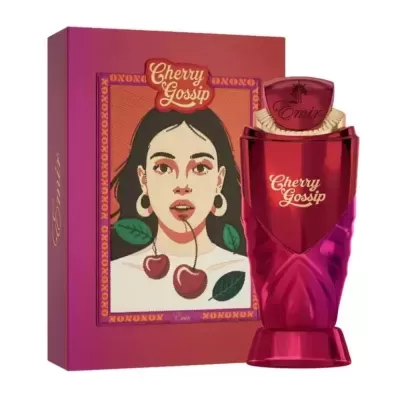 Perfume Cherry Gossip em frasco vermelho com caixa ilustrada de mulher e cerejas