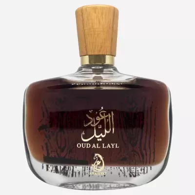 Frasco de perfume Oud Al Layl com tampa de madeira