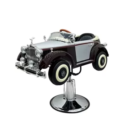 Cadeira infantil em forma de carro clássico em castanho, cinzento e cromado com base cromada