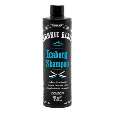 Frasco preto de Johnnie Black Iceberg Shampoo com texto azul e branco e lâminas de barbear desenhadas
