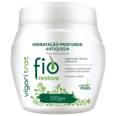 Frasco branco de hidratação capilar fio restore com texto verde e preto