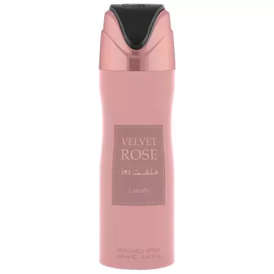 Spray perfumado corporal rosa com tampa preta e etiqueta 'VELVET ROSE'