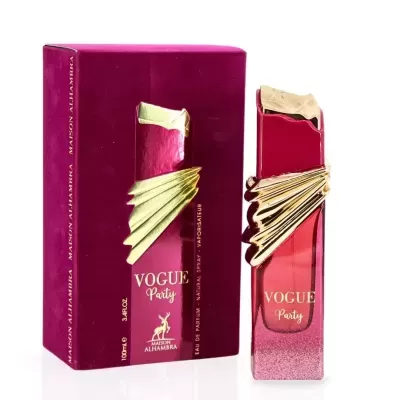 Perfume Vogue Party frasco rosa e dourado com embalagem retangular rosa