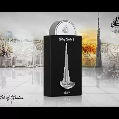 Caixa preta com torre Burj Khalifa prateada e logótipo Lattafa Perfumes