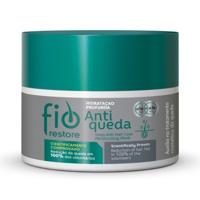 Frasco de máscara capilar fio restore anti queda, verde e cinzento, texto em português e inglês