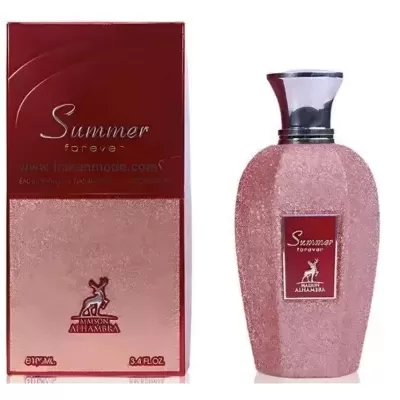 Frasco e caixa de perfume Summer forever rosa brilhante com tampa prata e texto visível.